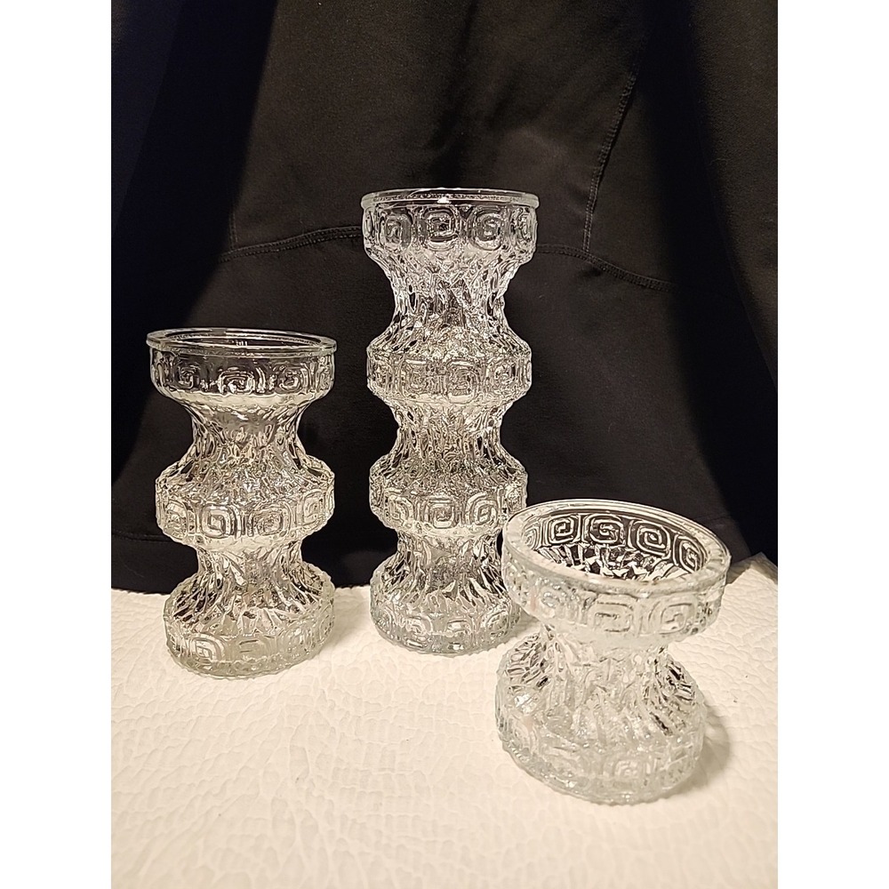 Vintage Oberglas Austria Set Of 3 Greek Key Textured Glass Candleholder